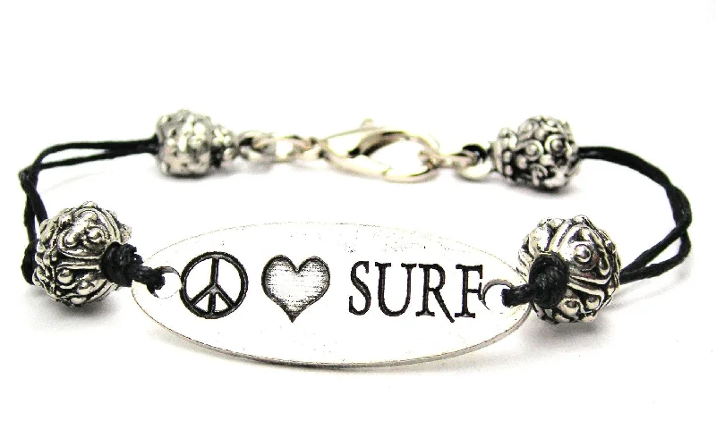 Peace Love Surf Black Cord Connector Bracelet