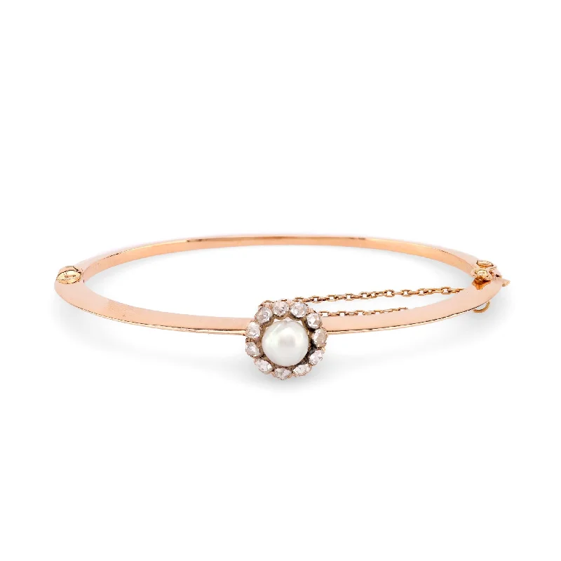 Victorian Pearl Rose Cut Diamond 18K Rose Gold Bangle