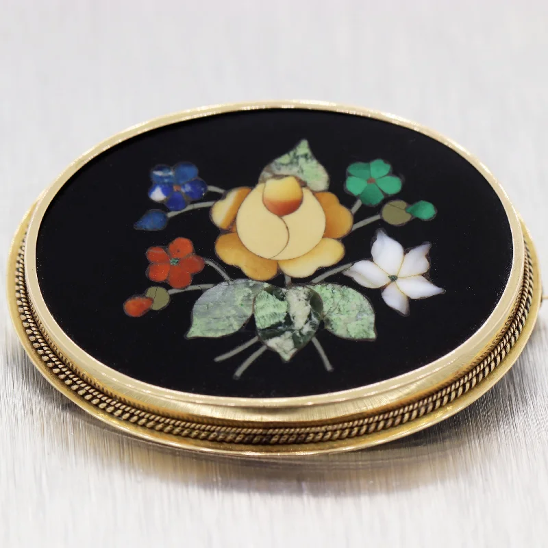 Vintage Estate 18k Yellow Gold Pietra Dura Flower Pin Brooch