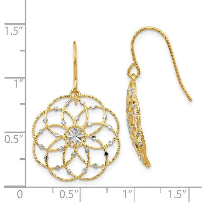 Curata 14k Yellow Gold 32x20mm Rhodium Large Medallion Flower Hook Earrings