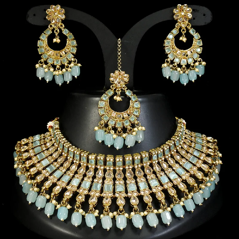 LALSO Gold Plated  Zircon Work Bridal Jewelry Choker Necklace Jewelry Set With Maangtika