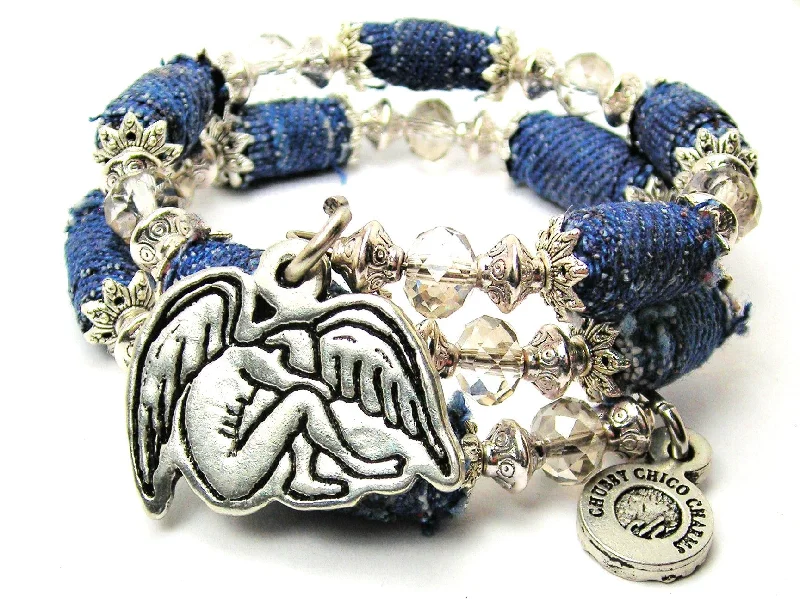 Weeping Male Angel Blue Jean Beaded Wrap Bracelet