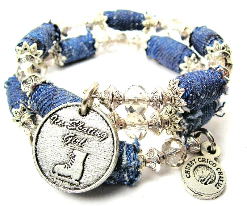 Ice Skating Girl Blue Jean Beaded Wrap Bracelet