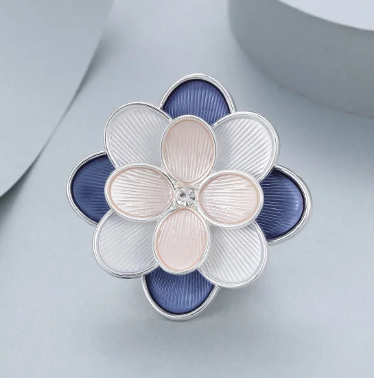 Silver Plated Magnetic Brooch | Elegant Blue & Pink Flower Design