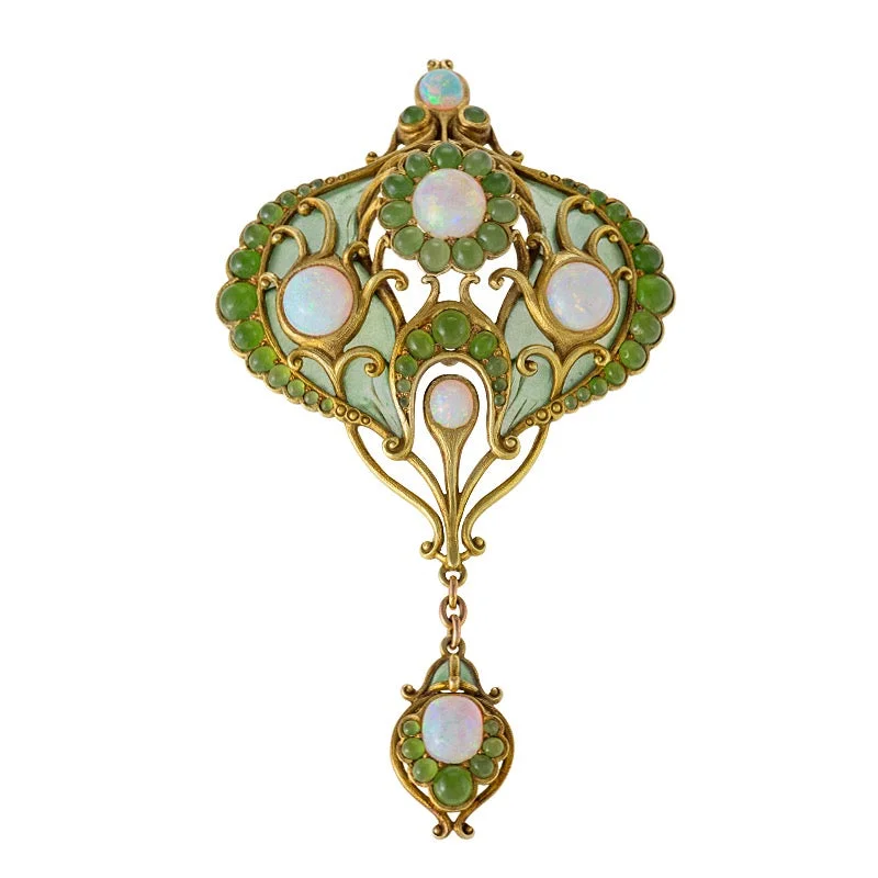 Marcus & Co. Opal, Chrysoprase, and Plique-à-Jour Enamel Brooch