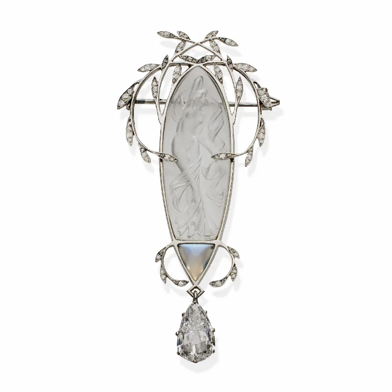 René Lalique Diamond and Carved Crystal Brooch