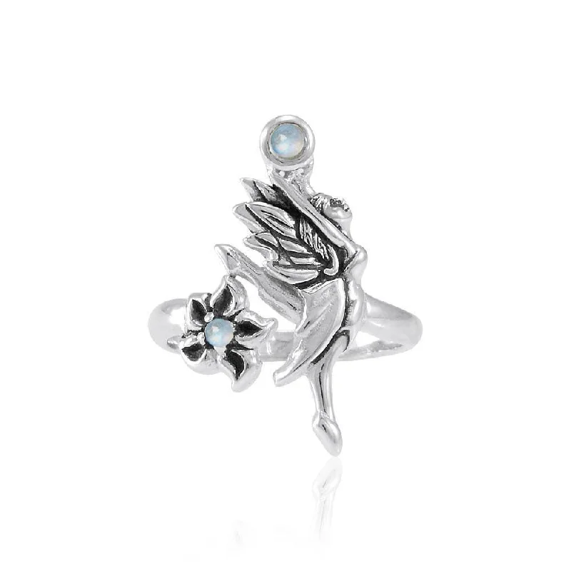 Dancing Fairy with Flower Silver Ring with Gemstone TRI1821