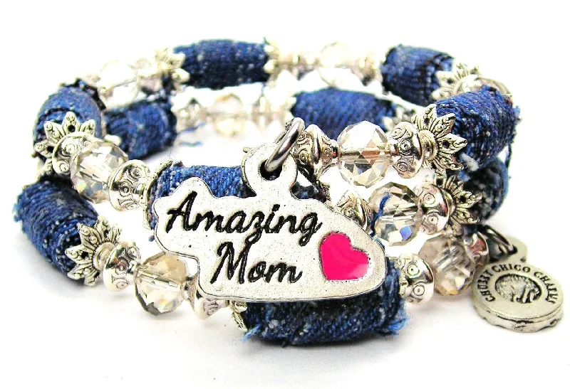 Amazing Mom Hand Painted Pink Blue Jean Beaded Wrap Bracelet