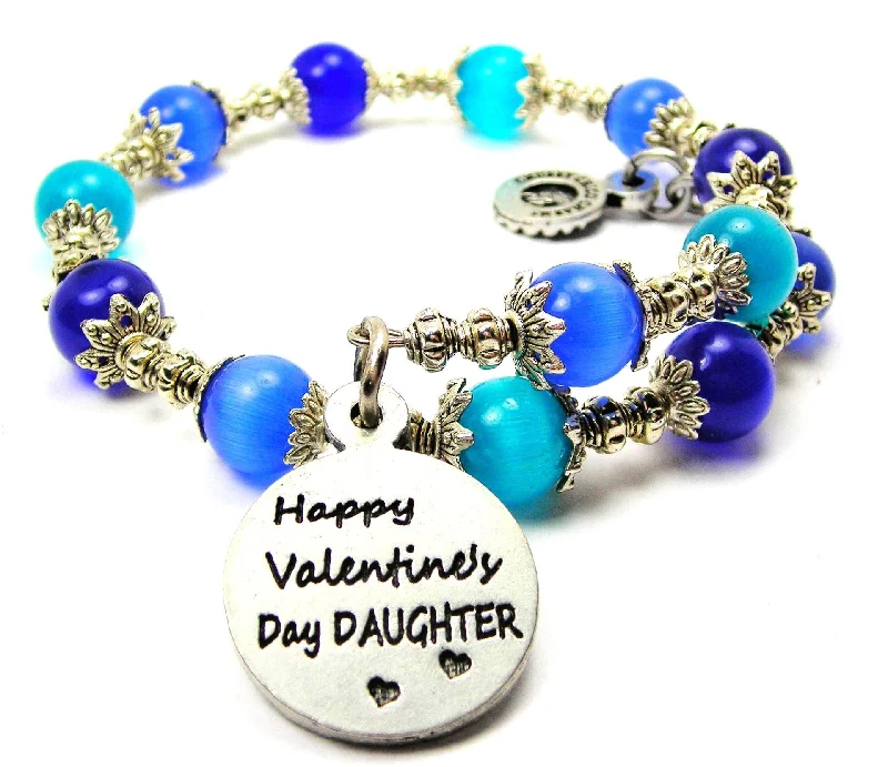 Happy Valentines Day Daughter Cat's Eye Beaded Wrap Bracelet