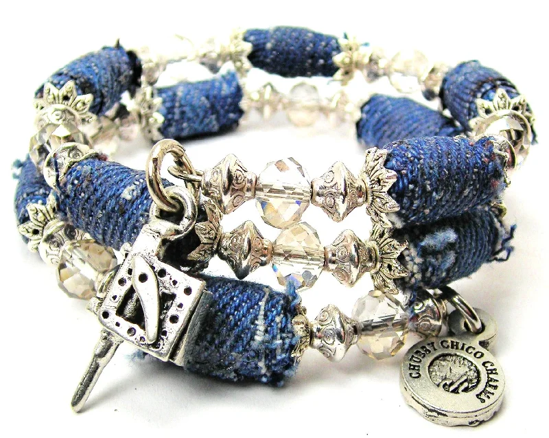 Tattoo Gun Machine Blue Jean Beaded Wrap Bracelet