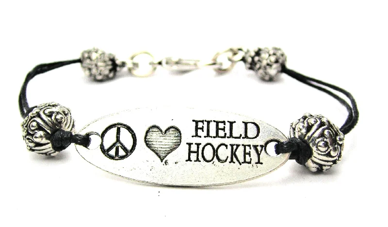 Peace Love Field Hockey Black Cord Connector Bracelet