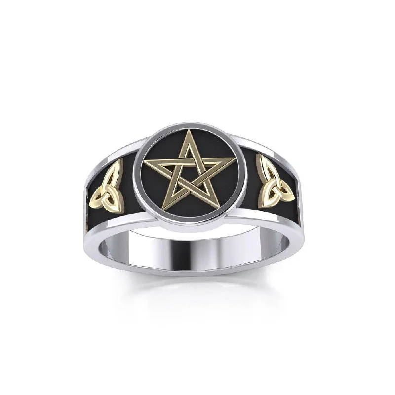 Pentacle with Trinity Knot Silver and 14K Gold Accent Ring MRI2103