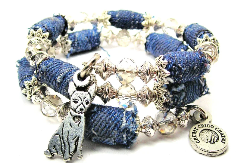 Sitting Chihuahua Blue Jean Beaded Wrap Bracelet