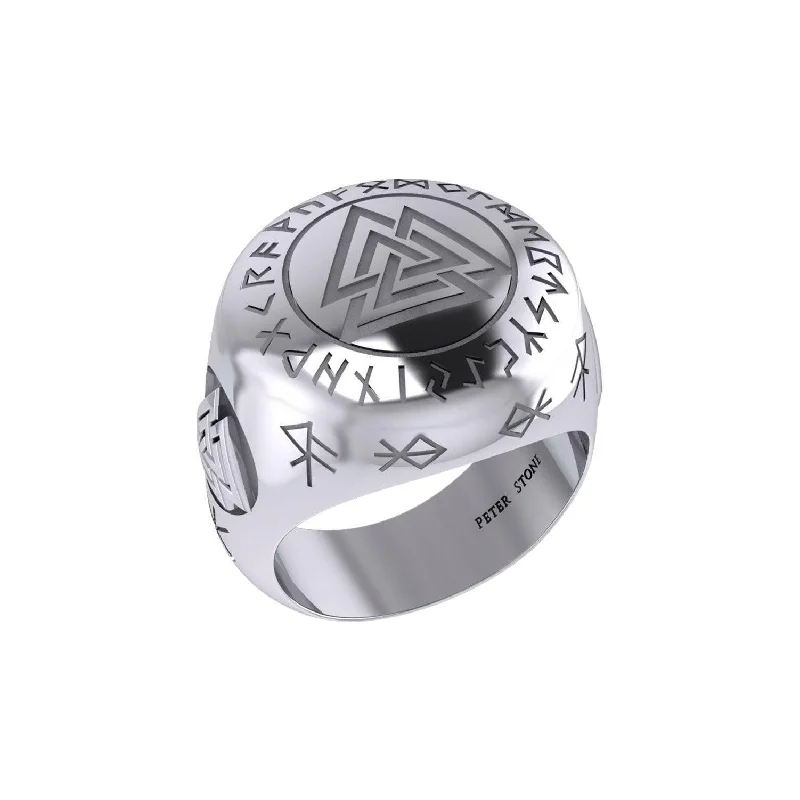 Norse Viking Valknut Silver Ring with Rune Symbols TRI2413