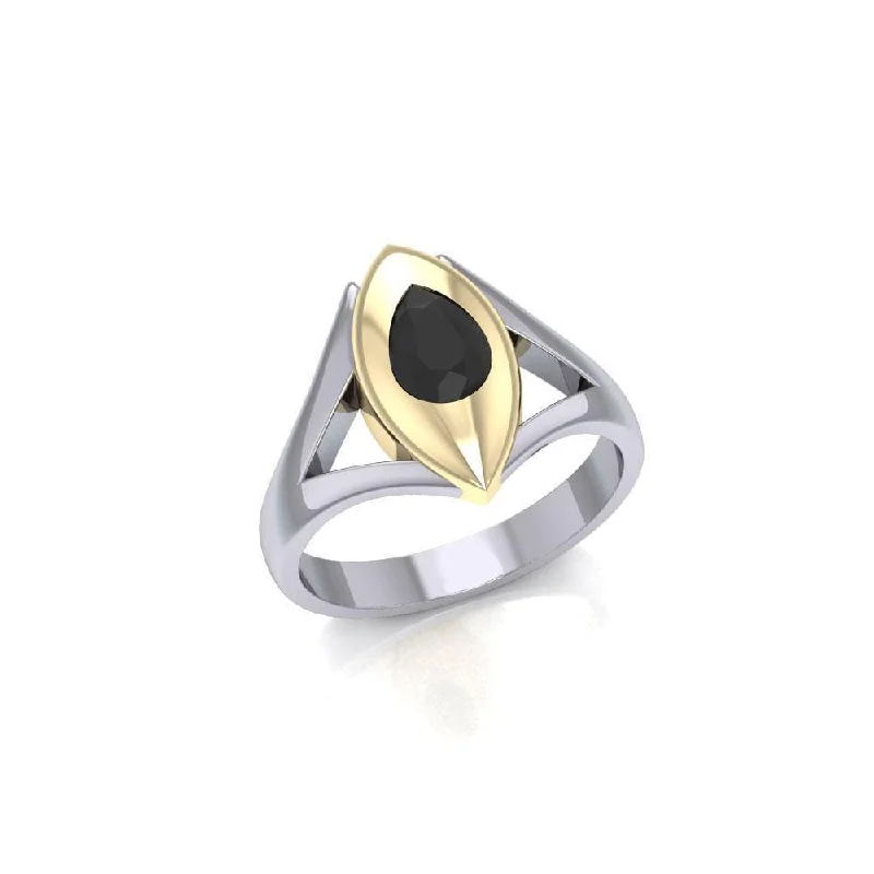 Black Magic Teardrop Solitare Silver & Gold Ring MRI482