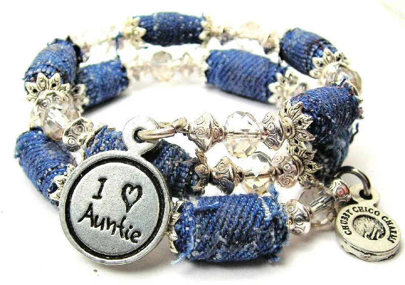 I Love Auntie Child Handwriting Blue Jean Beaded Wrap Bracelet