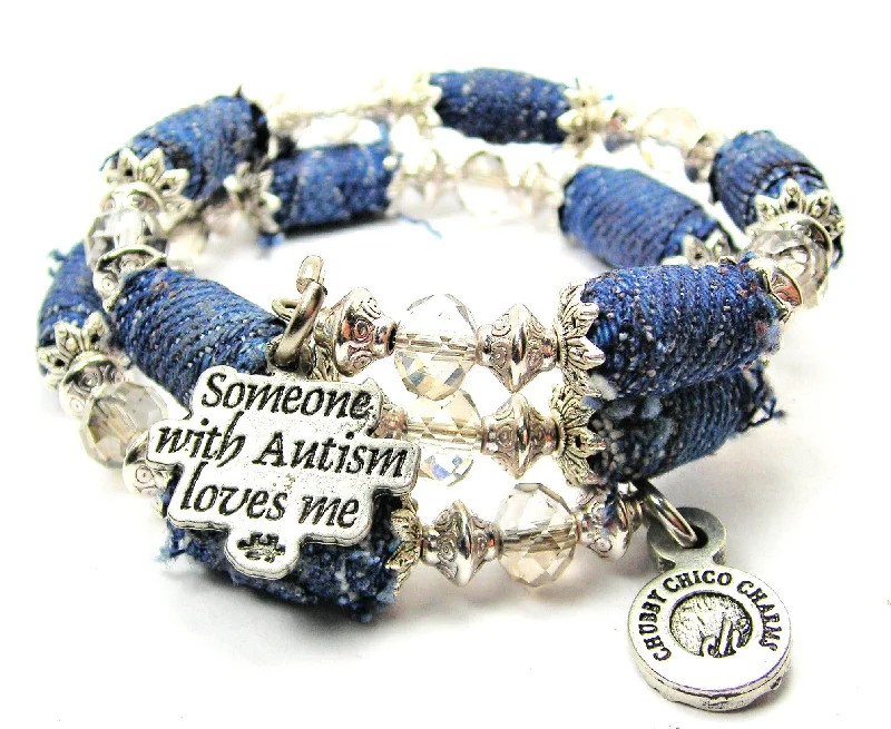 Someone With Autism Loves Me Blue Jean Beaded Wrap Bracelet