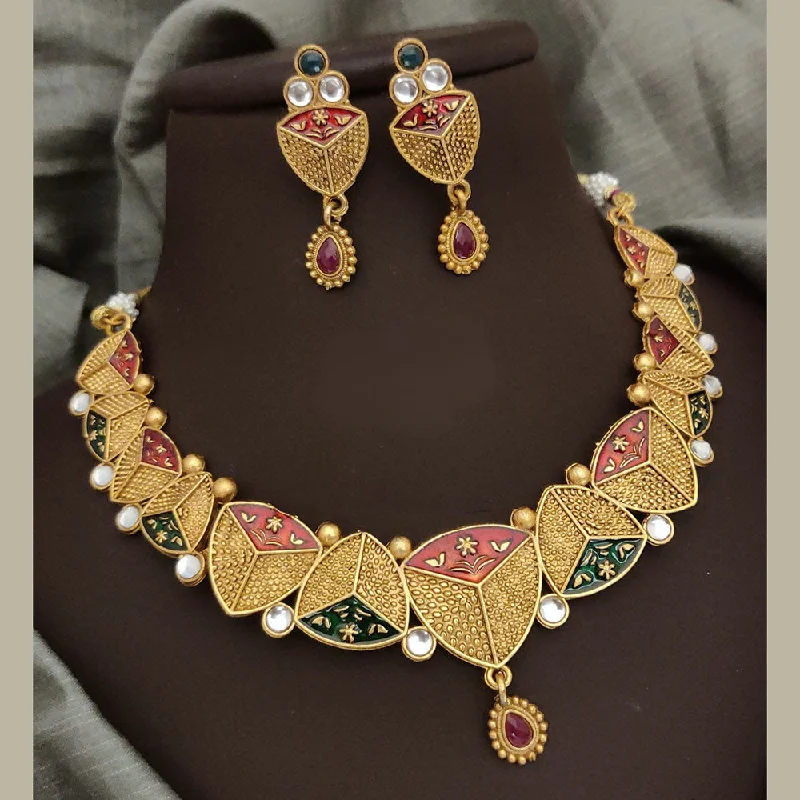 FS Collection Gold Plated Pota Stone And Meenakari Necklace Set