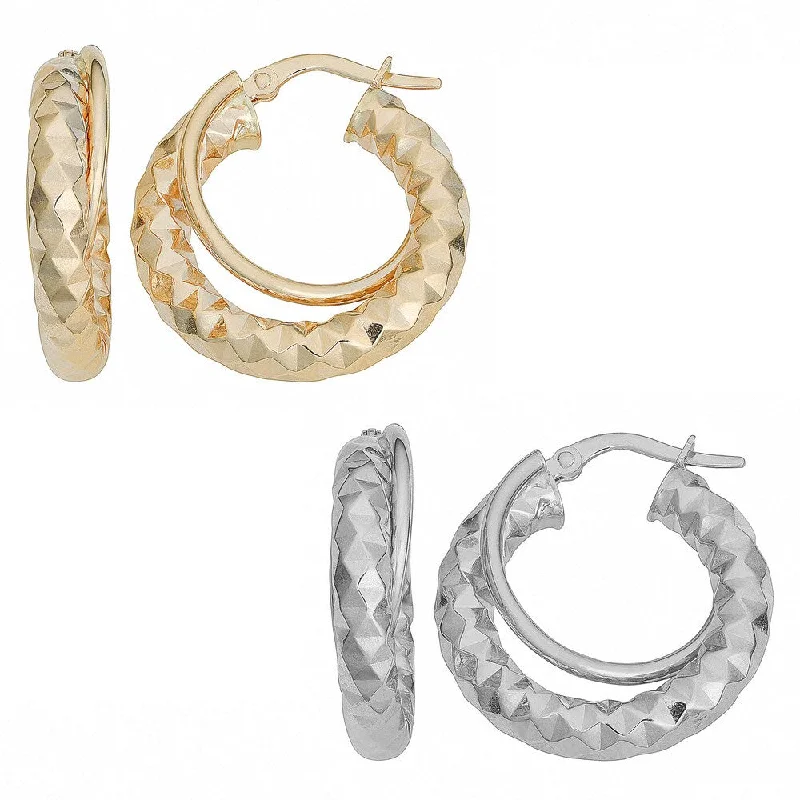 Fremada Italian 14k Gold Diamond-cut and High Polish Double Round Hoop Earrings (yellow gold or white gold)