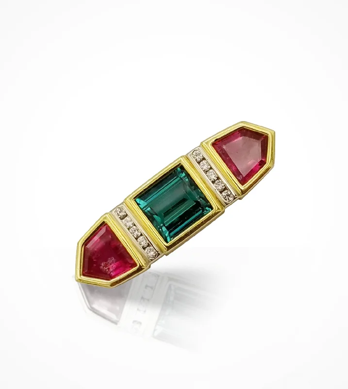 DC-002987 18k yellow gold, green & pink Tourmaline=16.28cts  & diamond Brooch =