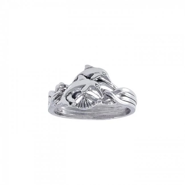 Double Dolphins Silver Puzzle Ring TR1338