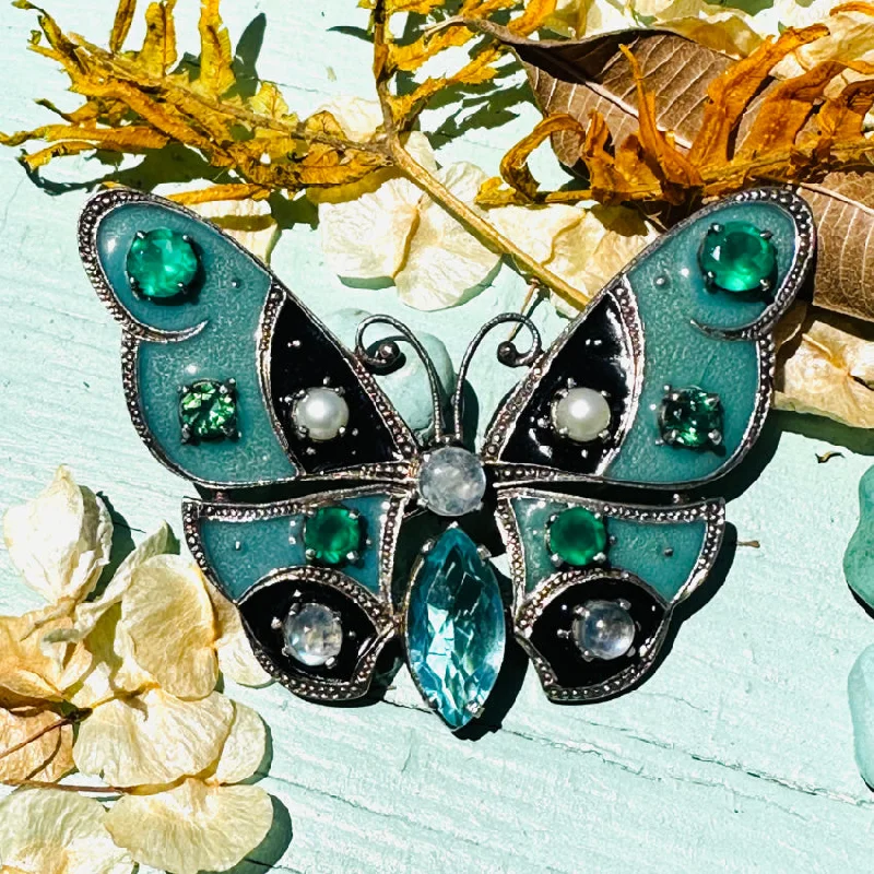 Sterling Silver Enamel & Gemstone Butterfly Pin Brooch