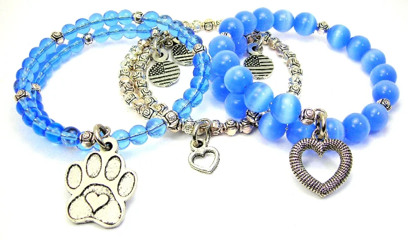 Center Heart Paw Print 3 Piece Wrap Bracelet Set Cats Eye Glass And Pewter