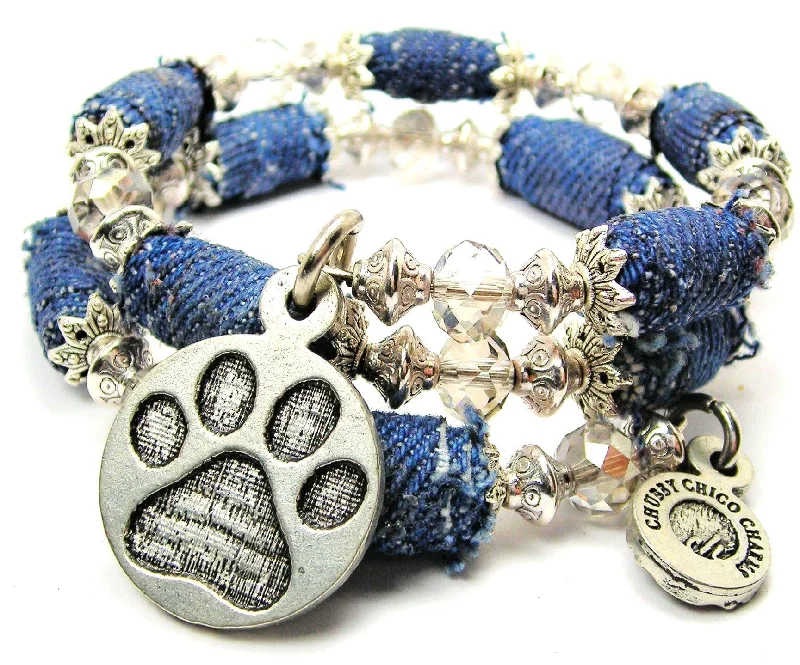 Engraved Paw Print Circle Blue Jean Beaded Wrap Bracelet