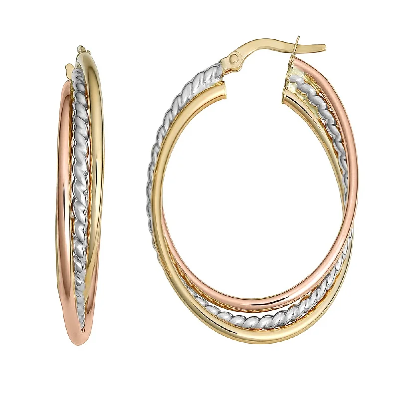 Fremada 10k Tri-color Gold Overlapping Oval Hoop Earrings