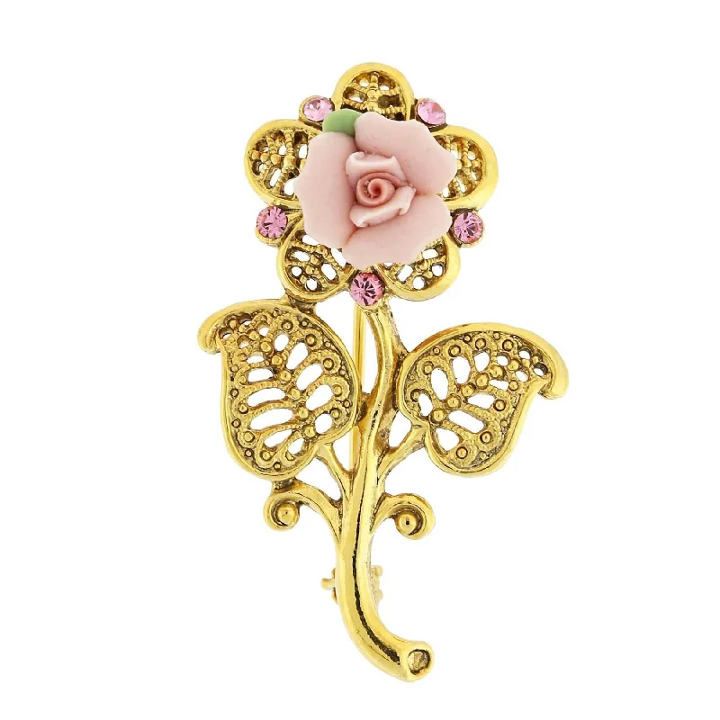 1928 Bridal Pink Crystal And Porcelain Rose Brooch