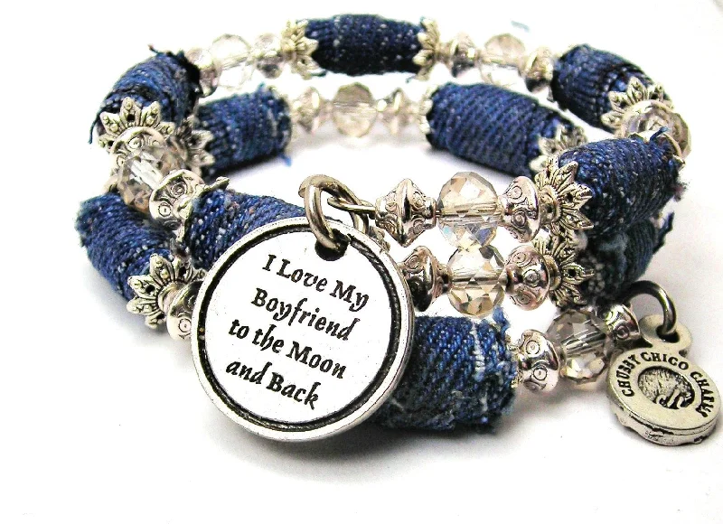 I Love My Boyfriend To The Moon And Back Blue Jean Beaded Wrap Bracelet