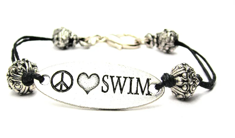 Peace Love Swim Black Cord Connector Bracelet