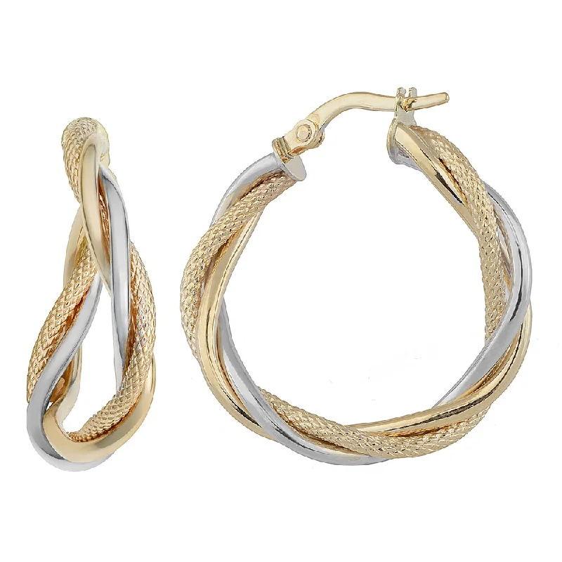 Fremada 14k Two-Tone Gold 3x20-mm Interwoven Twist Hoop Earrings