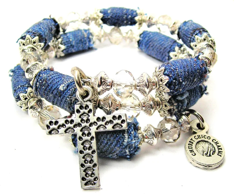 Paw Print Cross Blue Jean Beaded Wrap Bracelet