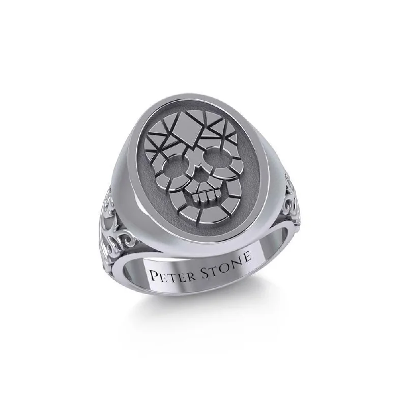 Geometric Pirate Skull Silver Signet Men Ring TRI1965