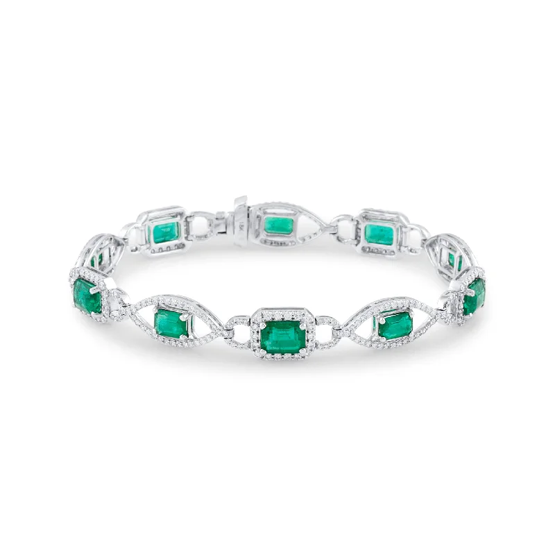 Emerald Rect. & Diamond Bracelet In 18K White Gold