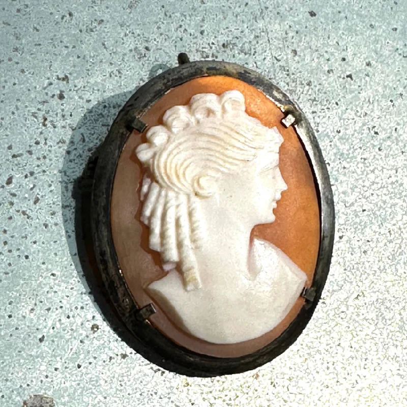 Antique 800 Silver Hand Carved Cameo Brooch Pendant