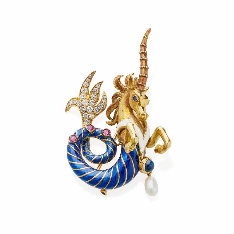 French 1960s Enamel and Gem-set Sea Unicorn Brooch, Jean Thierry Bondt