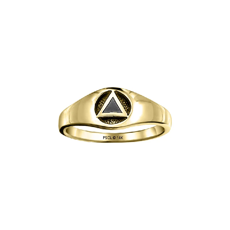 Triangle AA Recovery Symbol with Inlaid Stone Solid Yellow Gold Ring GJR126