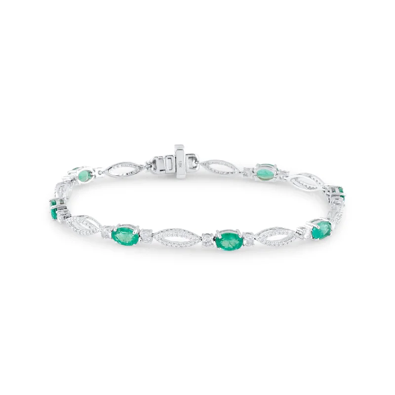 Emerald Oval & Diamond Bracelet In 18K White Gold