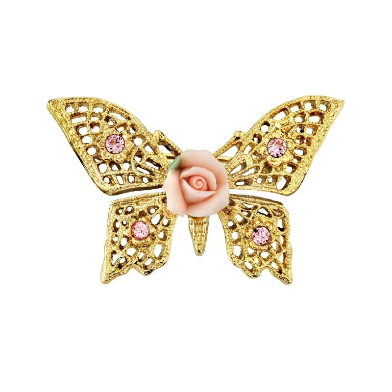 1928 Jewelry Light Rose Pink Austrian Crystal And Pink Porcelain Rose Butterfly Brooch