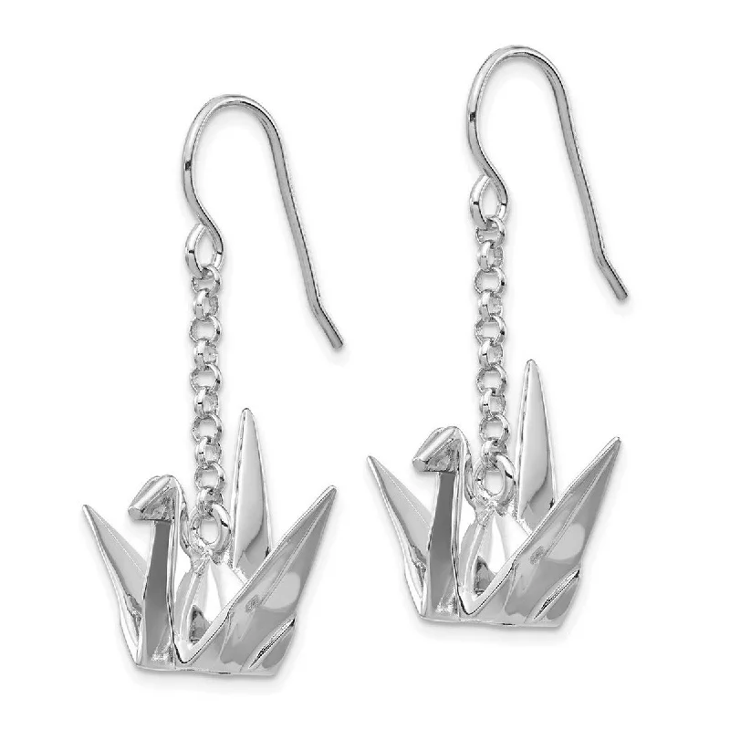 Curata 925 Sterling Silver Rhodium 21.84x23.11mm Origami Crane Long Drop Dangle Earrings