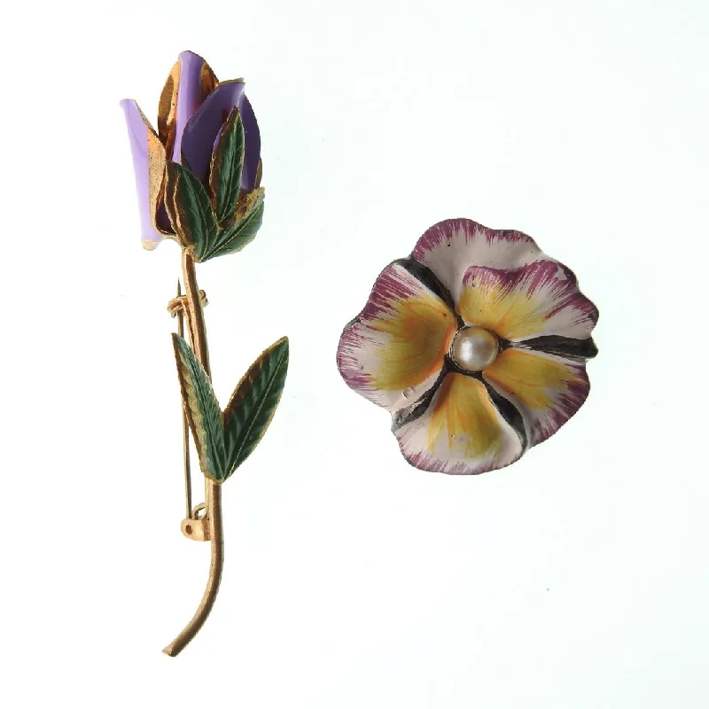 Purple pansy and tulip vintage flower brooches