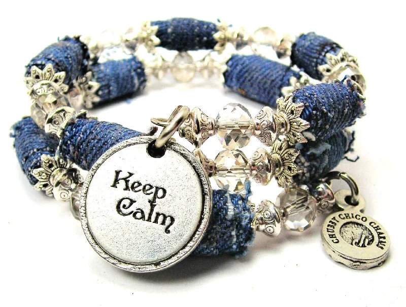 Keep Calm Circle Blue Jean Beaded Wrap Bracelet