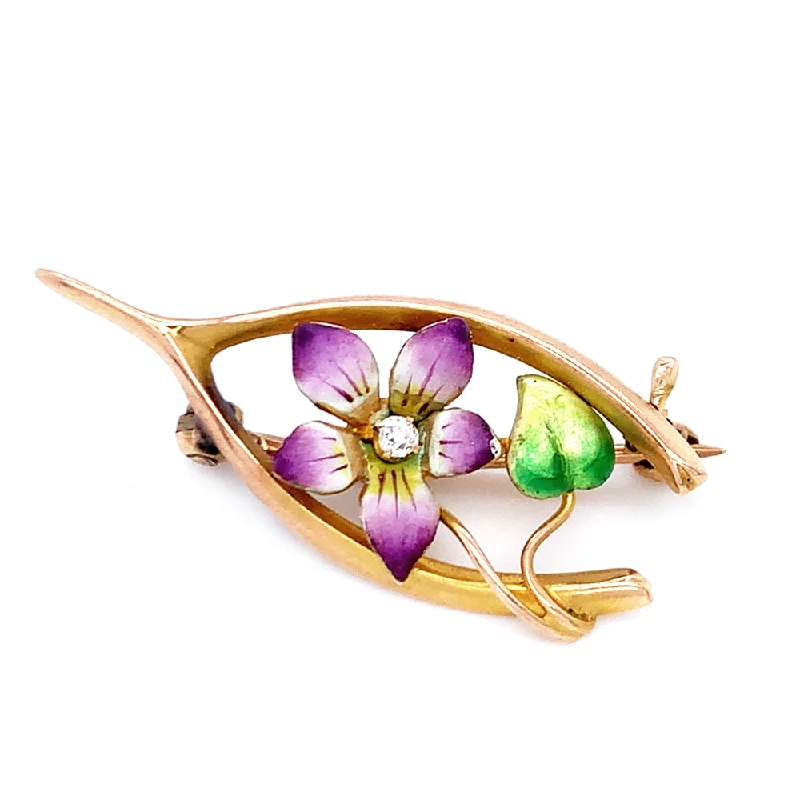 Yellow Gold & Diamond Flower Brooch with Enamel - "Wishing Bone"