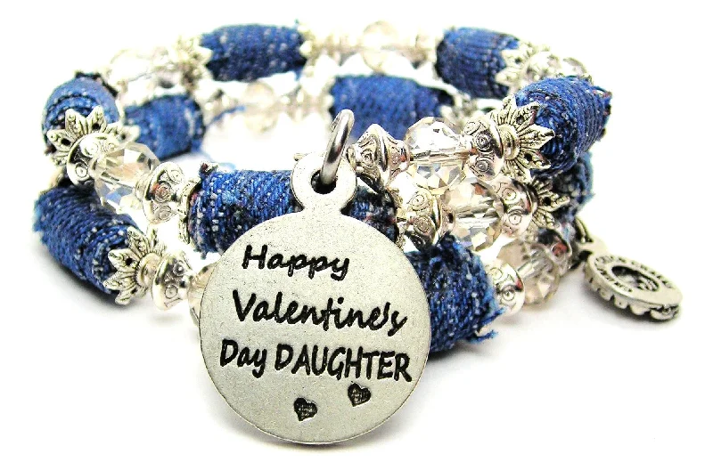 Happy Valentine's Day Daughter Blue Jean Beaded Wrap Bracelet