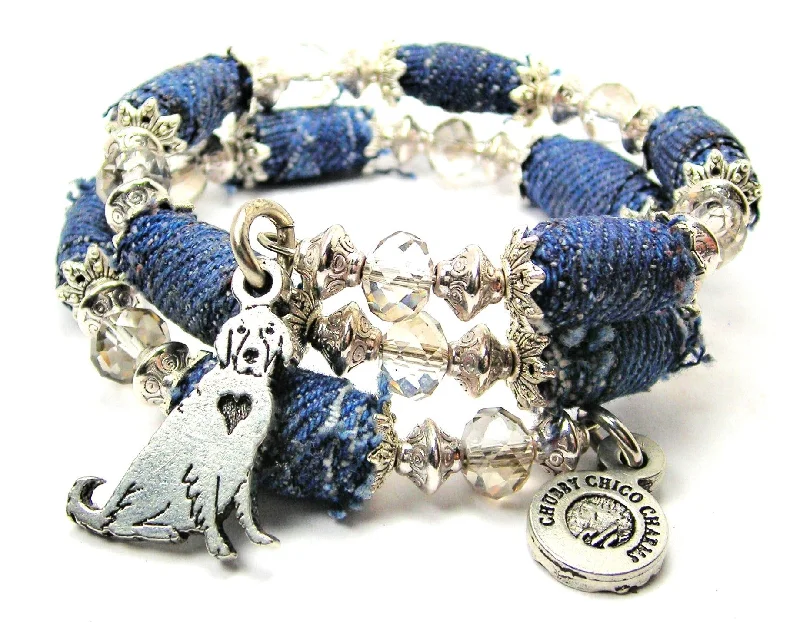 Sitting Golden Retriever Blue Jean Beaded Wrap Bracelet