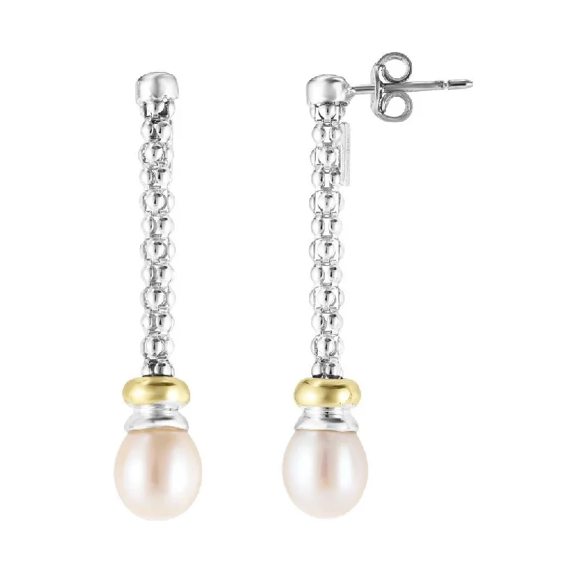 Curata 925 Sterling Silver 18k Gold and Polished Popcorn Chain Cultured Pearl Drop Earrings