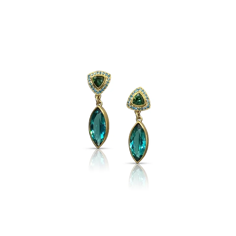 Teal Marquis Tourmaline with Blue Diamond & Green Tourmaline Post Drop Earring