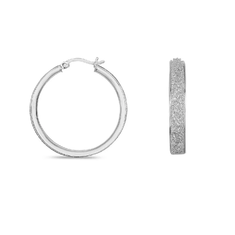 Curata 925 Sterling Silver Rhodium 5x25mm Textured Sparkle Round Hoop Earrings